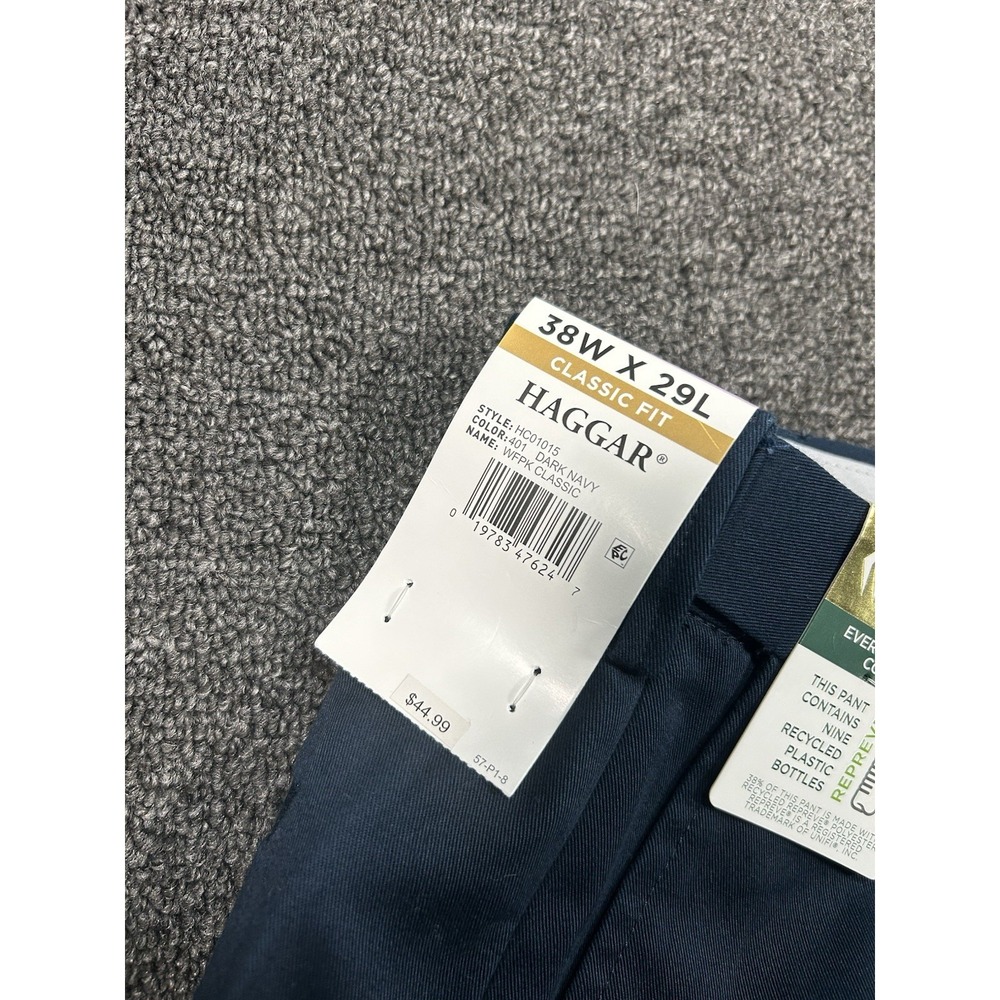 New Haggar Wrinkle Free Performance Khaki Pants Mens 38x29‎ Navy Blue Wicking - Picture 8 of 8